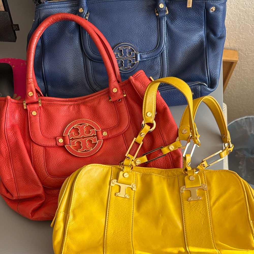 Lot of 3 Tory Burch Leather Tote Bag - Vibrant Red, Classic Blue, Sunny Yellow